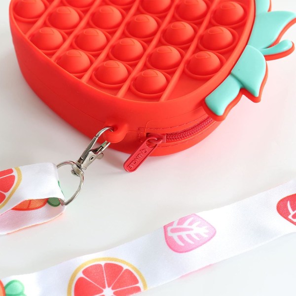 Strawberry Push Pop it Fidget Toy Pendant Bag,Toy Shoulder Bag with Adjustable Strap Anti Stress Silicone Squishy Toys Gift