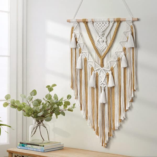 Macrame vävd väggbonad Boho geometrisk vävd gobeläng Beige & Gul Bomull Handgjord bohemisk konstdekor