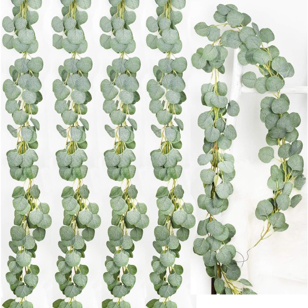 Kunstig eukalyptusgirlander Falske silke eukalyptusblader Vinstokker Håndlaget girlander Grønt bryllupsbakgrunn Buede veggdekor Green 5pcs