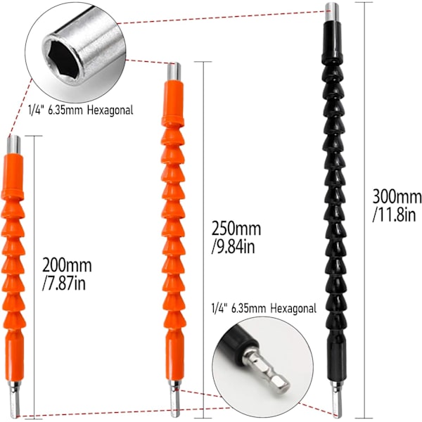 5 st Flexibla Borrbitsförlängningar, 300 250 200 mm 1/4'' Hexskaftanslutning Skruvmejselaxelspets Snabbkoppling Adapter Kraftverktygssats