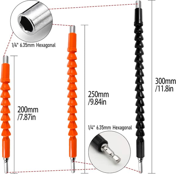 5 stk Fleksible Bor Bits Forlængelser, 300 250 200 mm 1/4'' Hex Skaftforbindelse Skruetrækkeraks Tip Hurtigkoblingsadapter Power Tool Kit