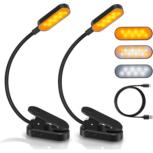 Lukuvalo, 16 LED-kirjavalo, 3 väriä ja portaaton himmennys, klipsattava lukuvalo, USB-ladattava 360° joustava, 2 kpl