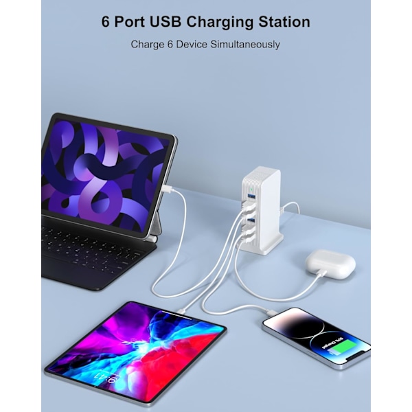 USB Laddstation för Flera Enheter, 25W USB Laddare, 6 Portars Laddningshubb, Multi Laddare (Vit)