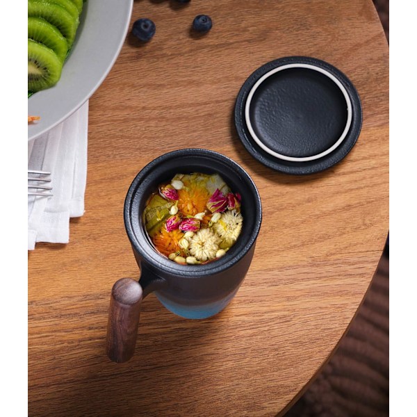 Tekopp med lock, porslin tekopp med rostfritt stål infuser, gradient stor keramisk tekopp, perfekt för kontoret, svart 350ml