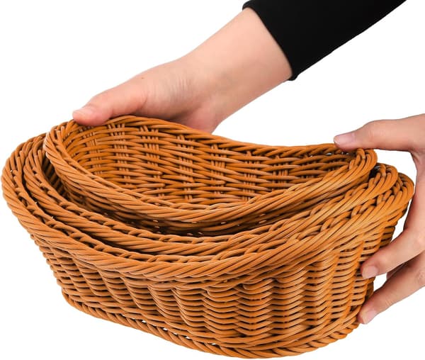 3-pack Poly-Wicker Vävda Brödserveringskorgar, Stapelbara Imitation Rattan Fruktkorgar för Matvisning, Grönsaker - 3 Storlekar