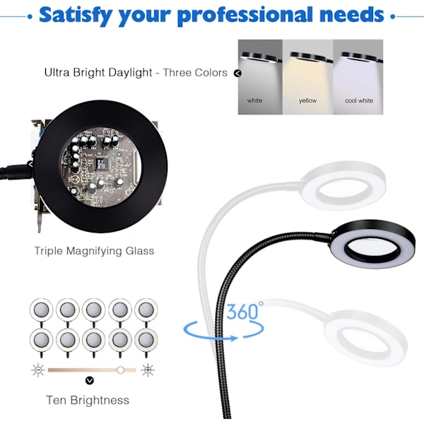 Multifunktionell tredje svetshjälpare med 5 flexibla armar, justerbar klämma, 3x förstoringsglas och 3 läges LED
