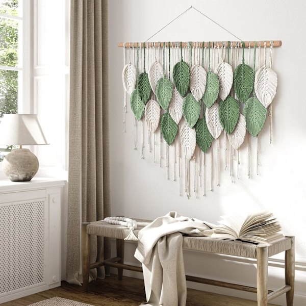 Macrame Väggbonad Stor Gobeläng Vävd Väggbonad Boho Macrame Blad Väggdekoration Fjäder Chic Vävd Konst White-light green-dark green