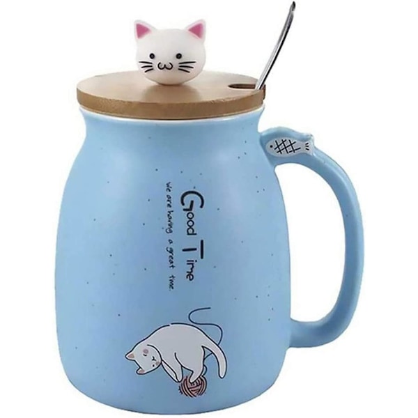 Keramisk Krus, Søtt Kattekrus for Kaffe, Kawaii Kattekopp med Lokk og Rustfritt Stål Skje, Kaffe- og Melkekrus, Blå, 420ML/14OZ
