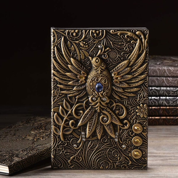 Präglad läderjournal anteckningsbok rese dagbok att skriva i, Phoenix gåva till män och kvinnor, med gyllene klassisk penna, (brons) Bronze 8.4x5.7In