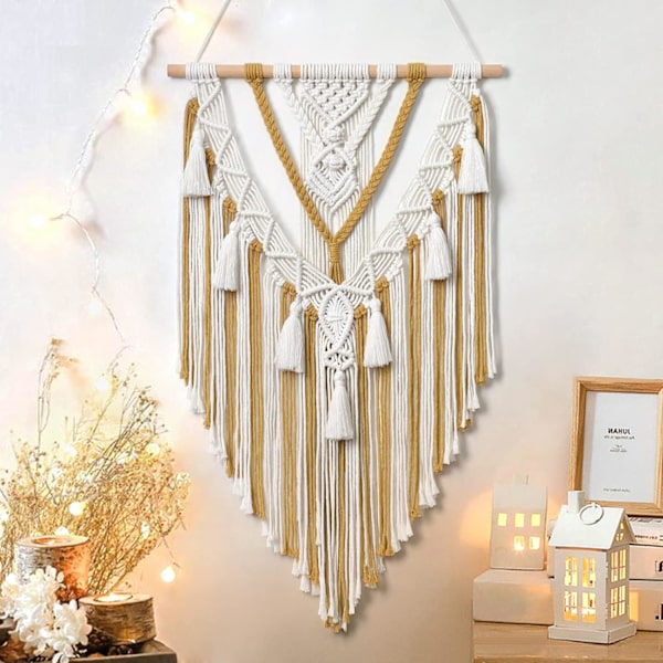 Makrame-seinävaate Boho Geometrinen Kudottu Tapetti Beige & Keltainen Puuvilla Käsintehty Bohemian Taidekoriste