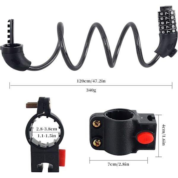 Cykellås 120 cm kabel, intelligent 5-siffrig kombination Anti-stöld kod cykellås för cykel scooter motorcyklar barnvagnar grindar