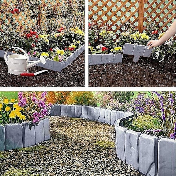 Hagekant 2,5 m Plastgresskant Gresskant Gjerdeeffekt, Steinsteinutseende, Hagedekorasjon, 1 element (L x H): 25 cm x 23 cm - Grå