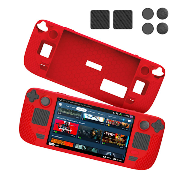 Myk silikonbeskyttende deksel kompatibelt med Steam Deck, med 4 tommelfingerhetter og 2 beskyttelsesdekaler red