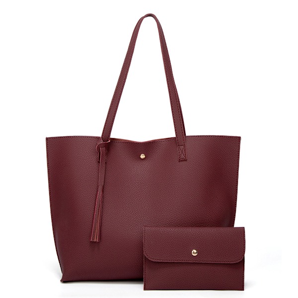 Stor Damväska, Stor Collegeväska för Laptop, Axelväska, Tote Shopper Väska, Stor Väska, PU-Läder Tote Väska, 2-pack Rojo vino