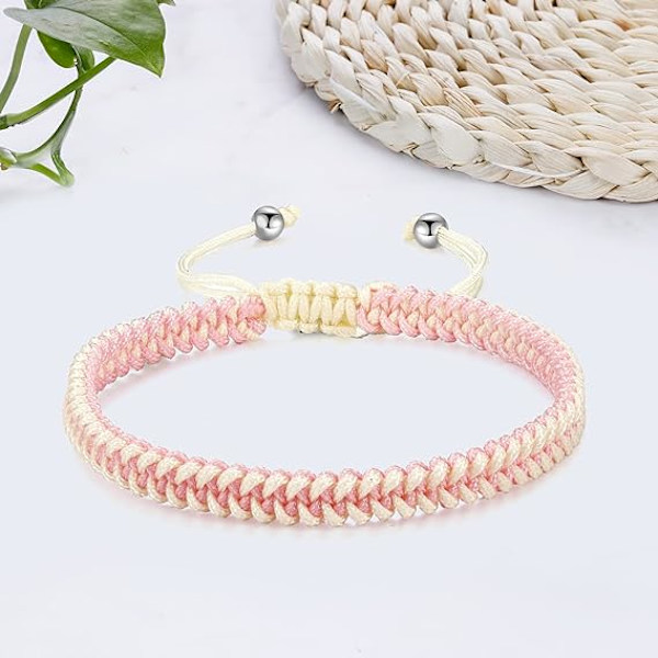 Flätad rep-armband dam herr, flickor pojkar födelsedag vänskap par presenter handgjorda smycken Pink-white