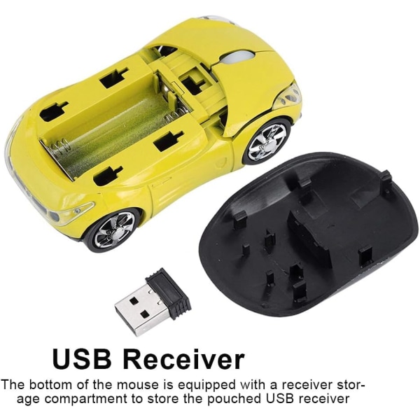 Trådlös mus för barn, 2,4G trådlös mus med USB mottagare, Trådlös bilmus optisk mus 1600DPI för bärbar dator Yellow