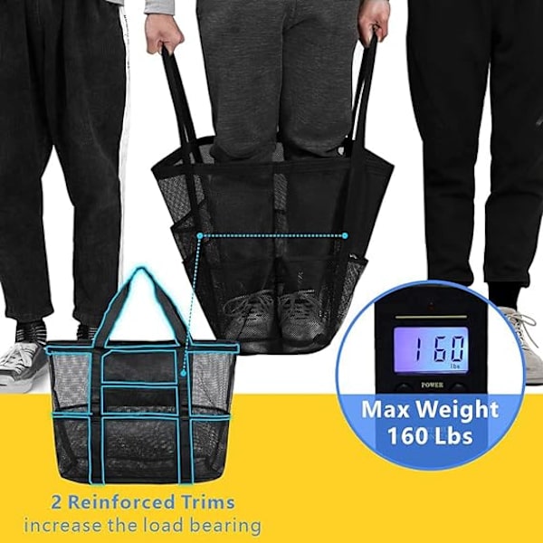 Mesh-rantapussi perheelle - Rantakassi 7 taskulla, rantapyyhepussi black