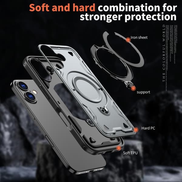 iPhone 17 Armor-deksel med 360 metallringstativ Magnetisk støtsikker kollisjonsputebeskyttelse Militærgrad Anti-fall Grå