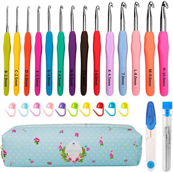 14 størrelser hæklenålesæt, 2mm(B)-10mm(N) ergonomiske hæklenåle med etui ekstra lange hæklenåle Multicolor 2-10mm