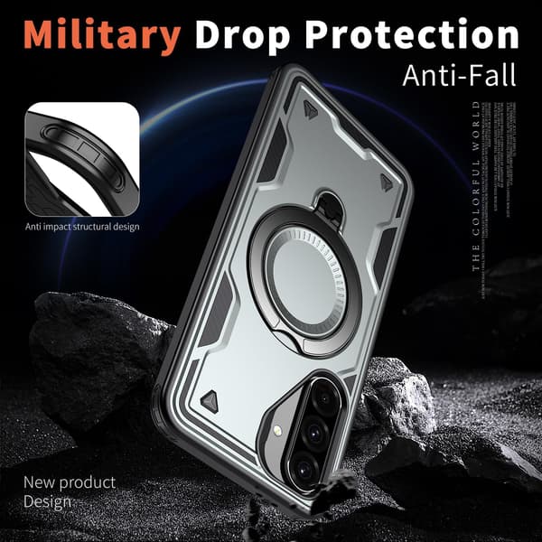 Samsung Galaxy A57 Armor-fodral, 360° metallringstöd, magnetisk stötsäker krockkuddebump, militärklassad grå