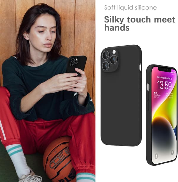Silikondeksel til iPhone 13, myk berøring, støtsikkert, støvtett, sklisikkert helkroppsdeksel til Apple iPhone 13 Pro - Svart