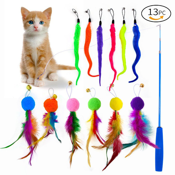 Kattretraktionsstav Interaktiv Katt Leksak Fjäder Da Bird Katt Utdragbar Fiske Spö Leksak Set (1 Stav och 12 Påfyllningsfjädrar)