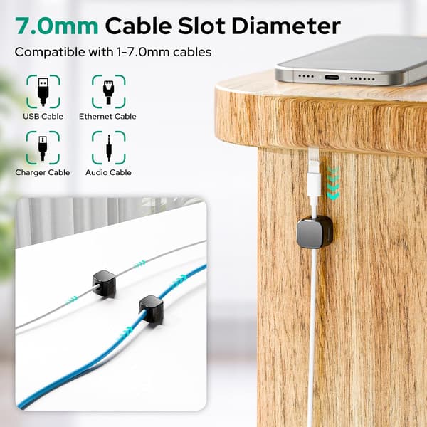 Kabelclips, 8-delt magnetisk kabelholder med selvklæbende bagside, kabelopbevaringsclips, til USB-ladekabler, strømkabler