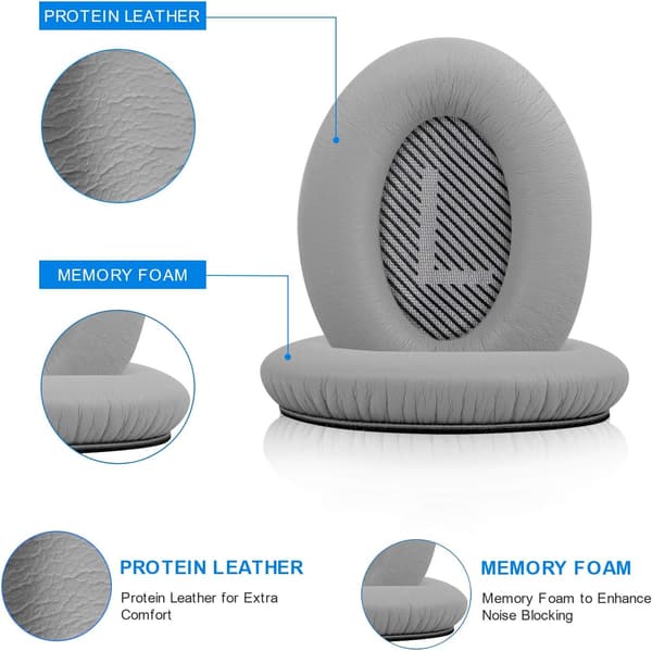 Erstatningsørekopper til Bose QC35 QC35II QC25 QC15 QC2 AE2 AE2i hovedtelefoner, bløde ørepuder i proteinlæder, lysegrå Light grey
