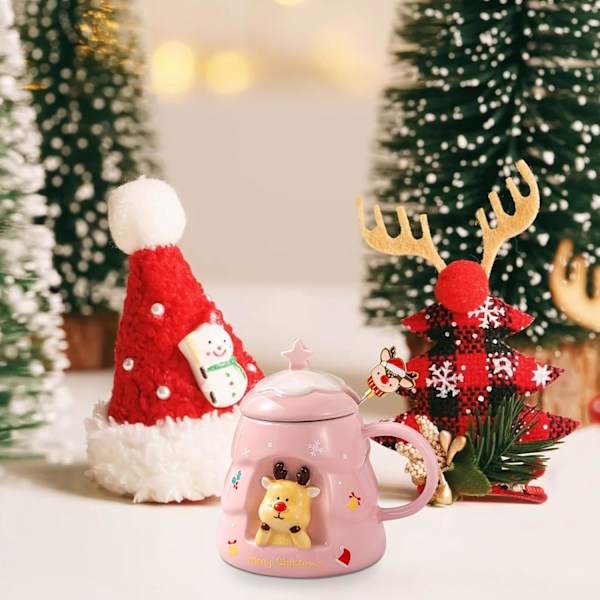 Julmugg med Sked 450ml Keramisk Julgran Kaffekopp med Lock Festival Tomte Rensa Söt Julgran Muggar