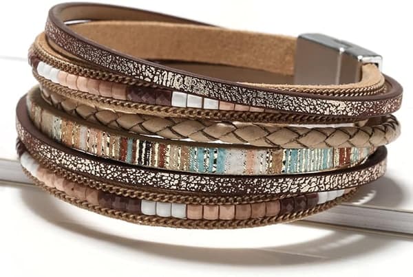 Læder Wrap Armbånd til Kvinder, Boho Leopard Multi-Layer Krystal Perler Manschet Armbånd Smykker khaki