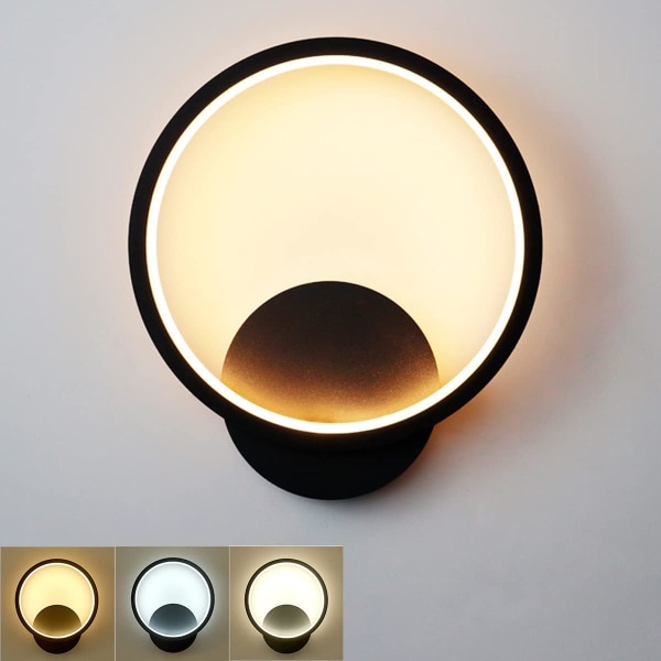 12W LED Indoor Wall Light,Black Round Design Wall Light,Warm White Natural White Cold White Three Lighting Modes,RA≥85,for Bedroom Living Room