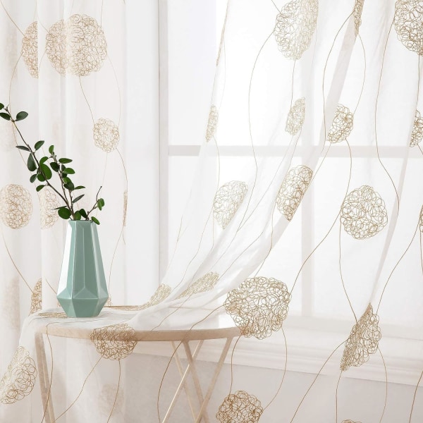 Gardiner Voile Blommor Broderi Öglett Gardiner Transparent Gardiner 2 st Öglett Gardiner Gardiner Par Fönster Gardiner För Vardagsrum Sovrum Brown 140*145cm