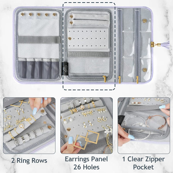 Smykke Rejse Organizer til Kvinder, Tangle Free Bærbar Læder Smykke Opbevaringsrulle Taske, til Halskæder, Ringe, Øreringe, Armbånd