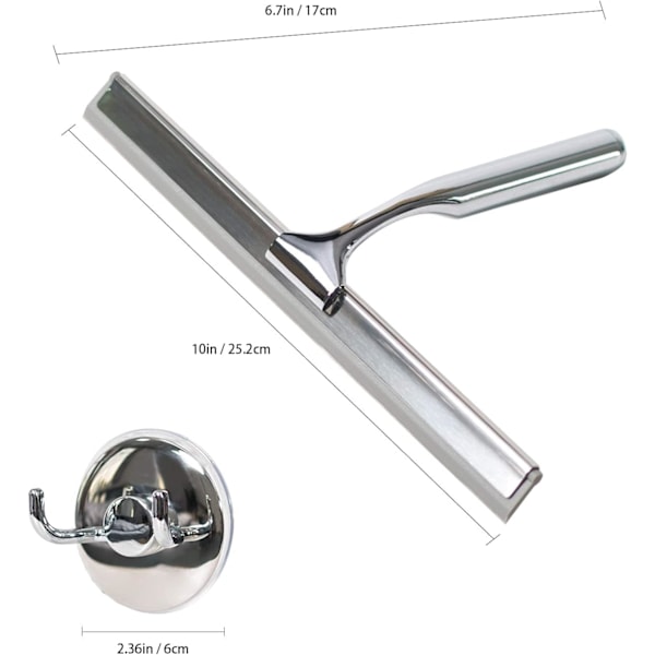 Duschraka, fönsterraka, rostfritt stål torkarblad med stark sugkrok för badrum, kök, fönster och glasrengöring, 10\"