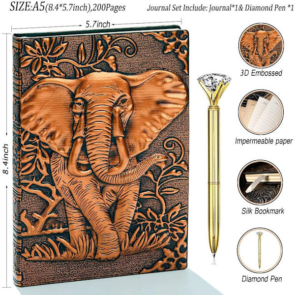 Elefant Journal, Læder Skrive Journal Notebook, A5 Linjeret Journal, 200 Sider, Rejsedagbog & Notesbøger til at skrive i, Gave til mænd & kvinder Elephant(Red Bronze) 8.4x5.7In