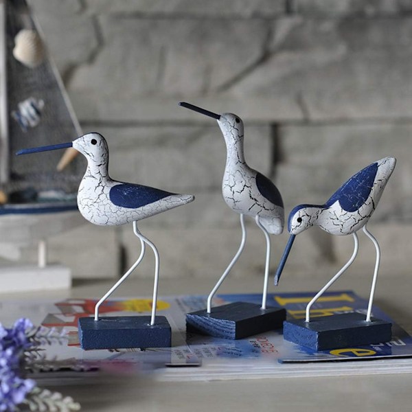 3 stk. Sjøfuglfigur i tre, nautisk kystfuglpynt, middelhavs treskjærerstatue leketøy skrivebordsdekor for DIY-håndverk