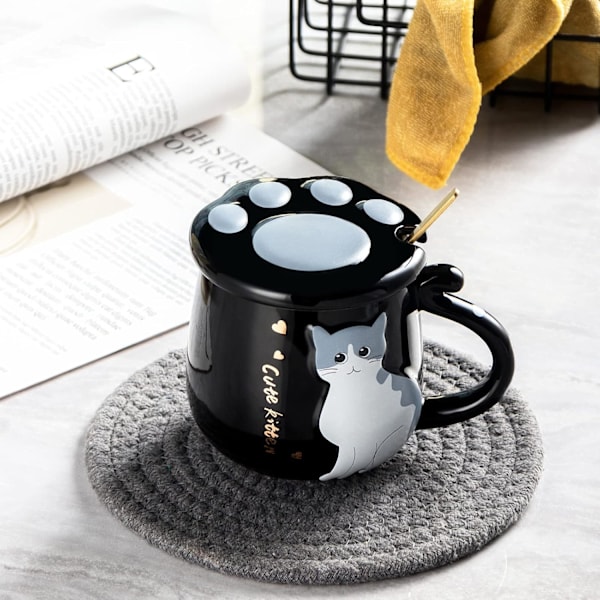Krus Sød Keramisk Kaffekop med Dejligt Kattepote-låg Rustfri Stål Ske, Specielt Tekop Sæt 450ml/16oz (Sort)