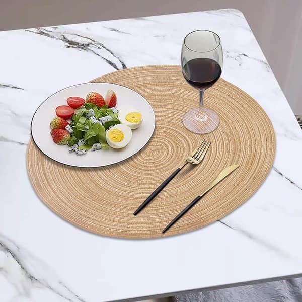 Set med 4 Runda Flätade Tvättade Underlägg, 15 Tum Yellow Linen