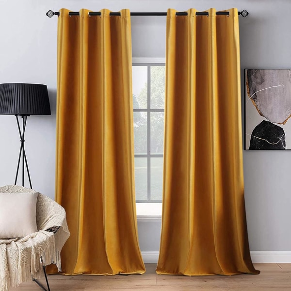 2 Paneler Blackout Velvet Gardiner - Solid Myk Glimmerhull - Sennepsgul, for Høst Stue Soverom