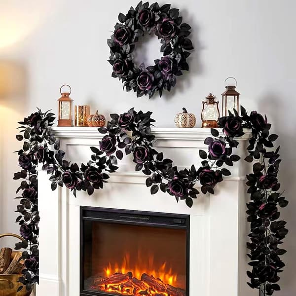 2m Sort Kunstig Rosenguirlande Halloween Dekoration