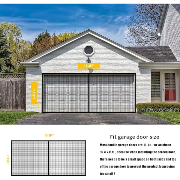 8ftx7ft Magnetiskt Garagedörrsnät för 1-bilsgarage, Förstärkt Fiberglassnät, Händerfri, Magnetiskt Garagedörrsnät 244x214cm