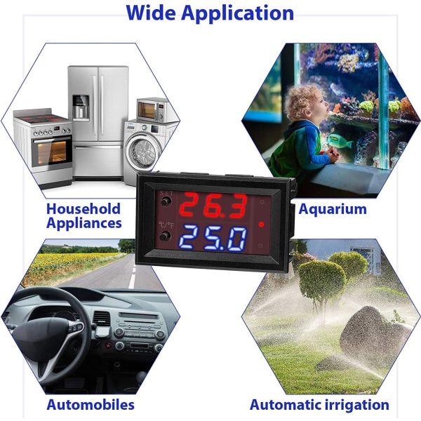 DC 12V Programmerbar Temperaturkontroller -50~110℃, Rød/Blå LED-skjerm Monitor Oppvarming/Kjøling Termostat Kontrollmodul med 10K NTC Sensor Probe