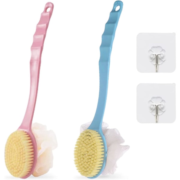 2-pack duschborstar med borst och loofah, badborste med långt handtag, ryggskrubb, långt handtag exfolierande, med 2 badrumskrokar
