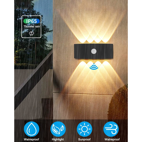 Utendørs vegglampe, 8W innendørs bevegelsessensorlampe, 3000K varm hvit soveromsvegglampe, vanntett IP65, balkong, trapper, stue tilgjengelig, svart
