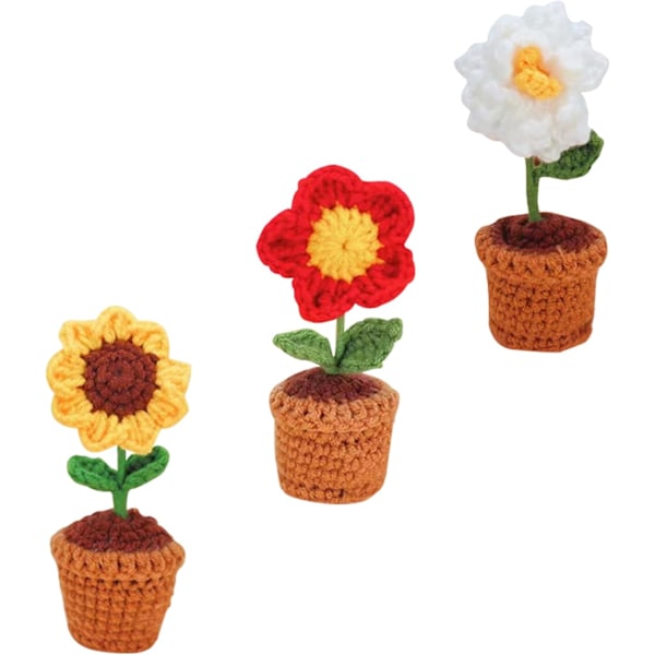 3 stk. håndstrikkede blomsterpotter, færdige, håndlavede hæklede blomsterpotter, hæklede potteplanter, hæklet solsikkeblomstkurv style 1