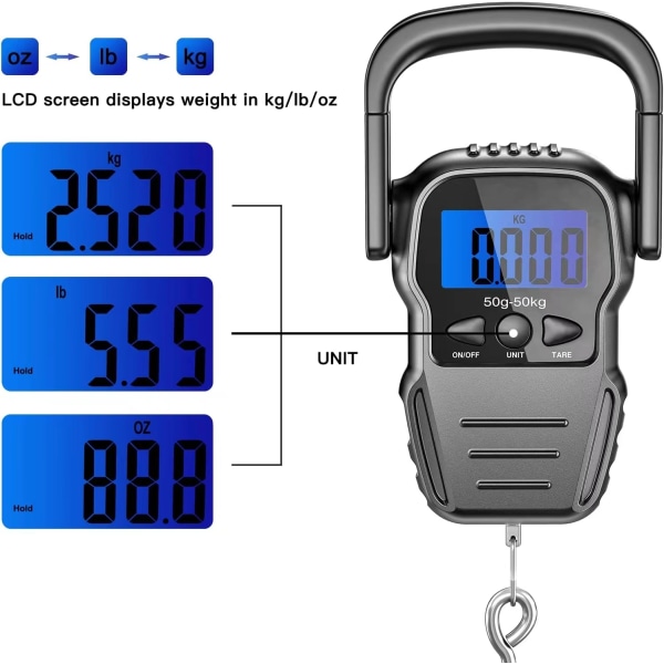 Elektroninen matkatavaravaaka/kannettava digitaalinen vaaka/matkalaukkuvaaka taustavalaistulla LCD-näytöllä matkustamiseen, kalastukseen ja jousiammuntaan, iso koukku, paristot mukana