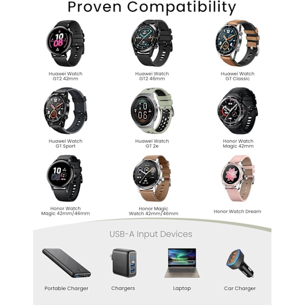 Laddare Kompatibel med Huawei Watch GT, GT2, GT 2e | Honor Watch Magic 1 2 | Honor GS Pro, Dream - 1M