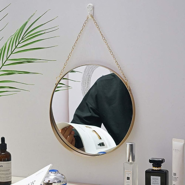 Hængende spejl, 25 x 25 cm rundt badeværelse makeup spejl Messing stel med hængende kæde Enkel stil