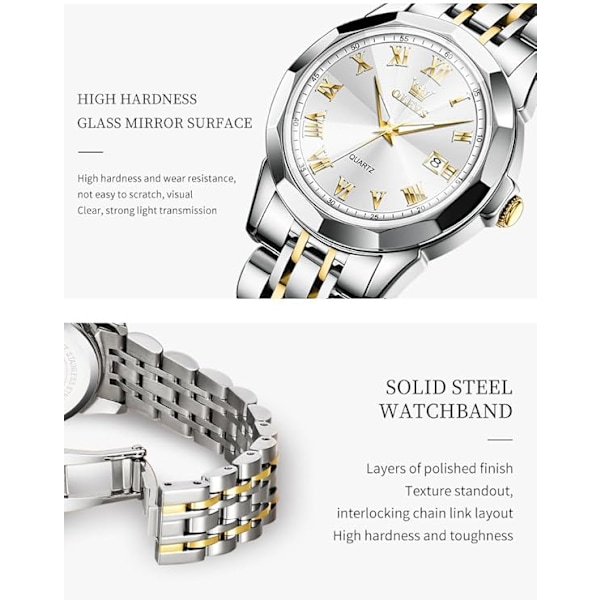 OLEVS Dameur, Romertal Luksus Diamantur Vandtæt Analog Quartz med Datovisning til Kvinder White dial/gold silver strap