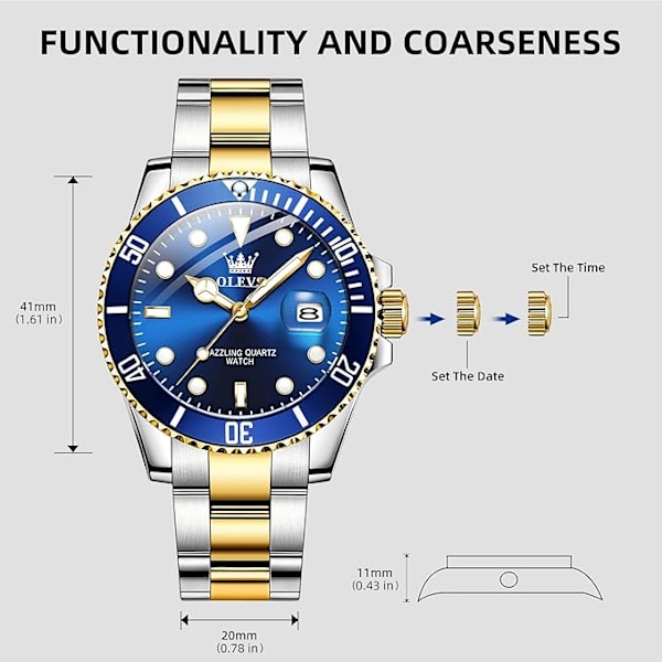 OLEVS Herrarmbandur Svart Blue Dial/Gold Silver Band